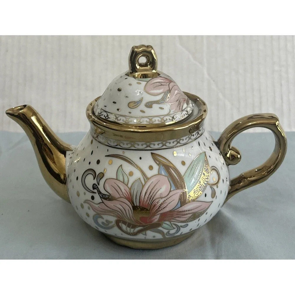 Floral Porcelain Teapot With Gold Tone Trimming